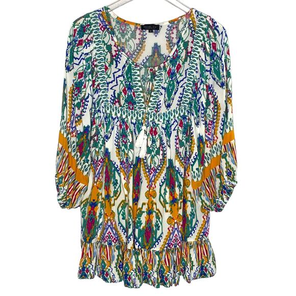 Rachel Zoe 1X Womens Plus Floral Boho Tunic Multicolor Ruffle Peasant - Picture 1 of 8